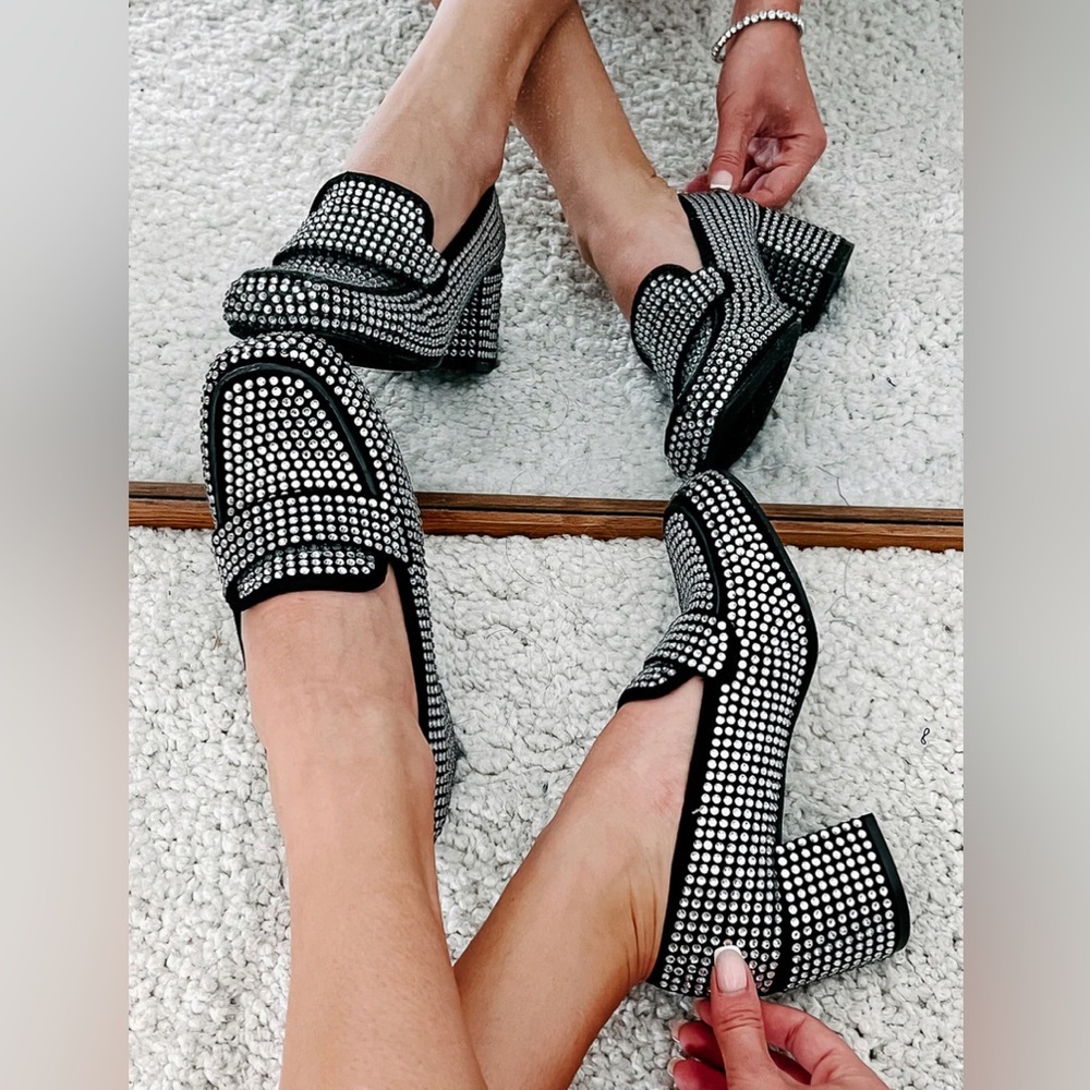 Rhinestone black heeled loafer